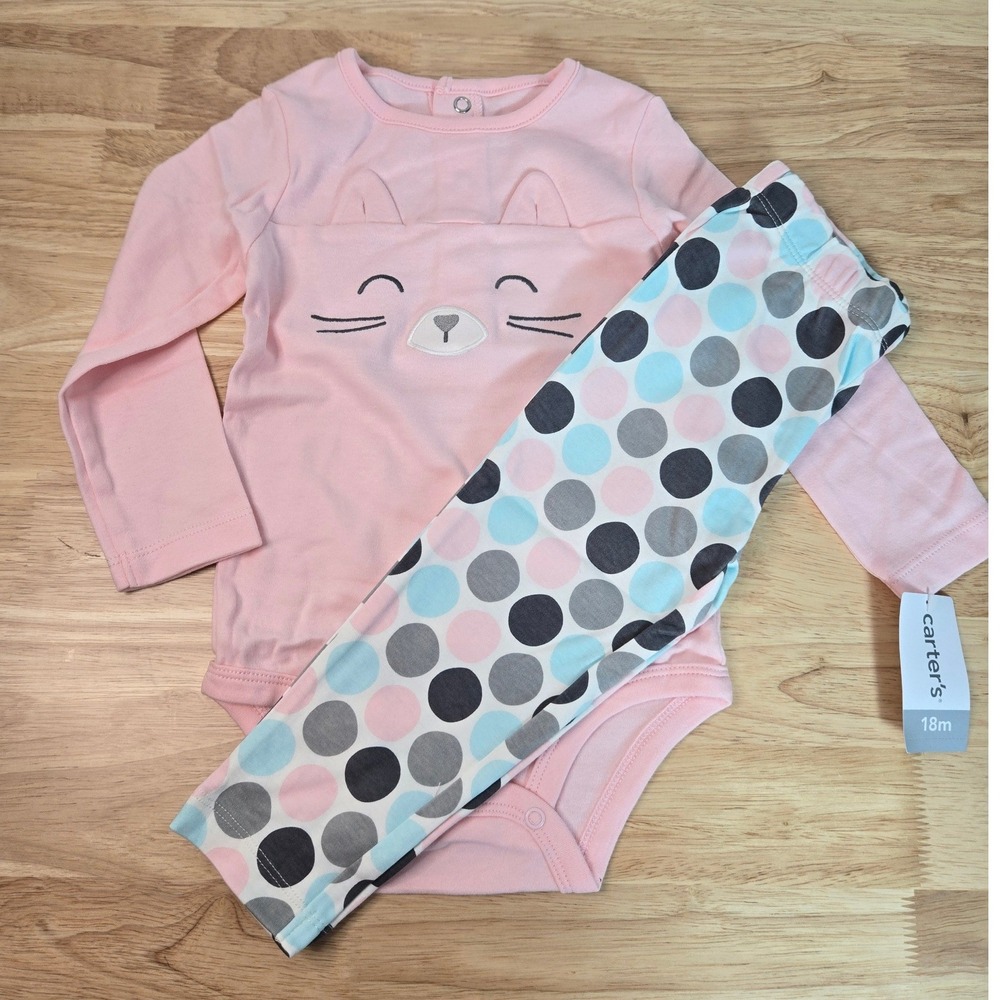 Carters Baby Girls 2pc Pink Cat Bodysuit and Polka Dot Leggings Set 18M NWT